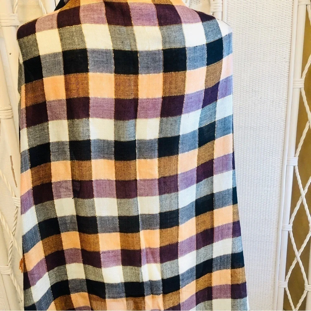 Forever 21 Scarf Buffalo Check Ivory Black Orange Metallic Thread Fringed